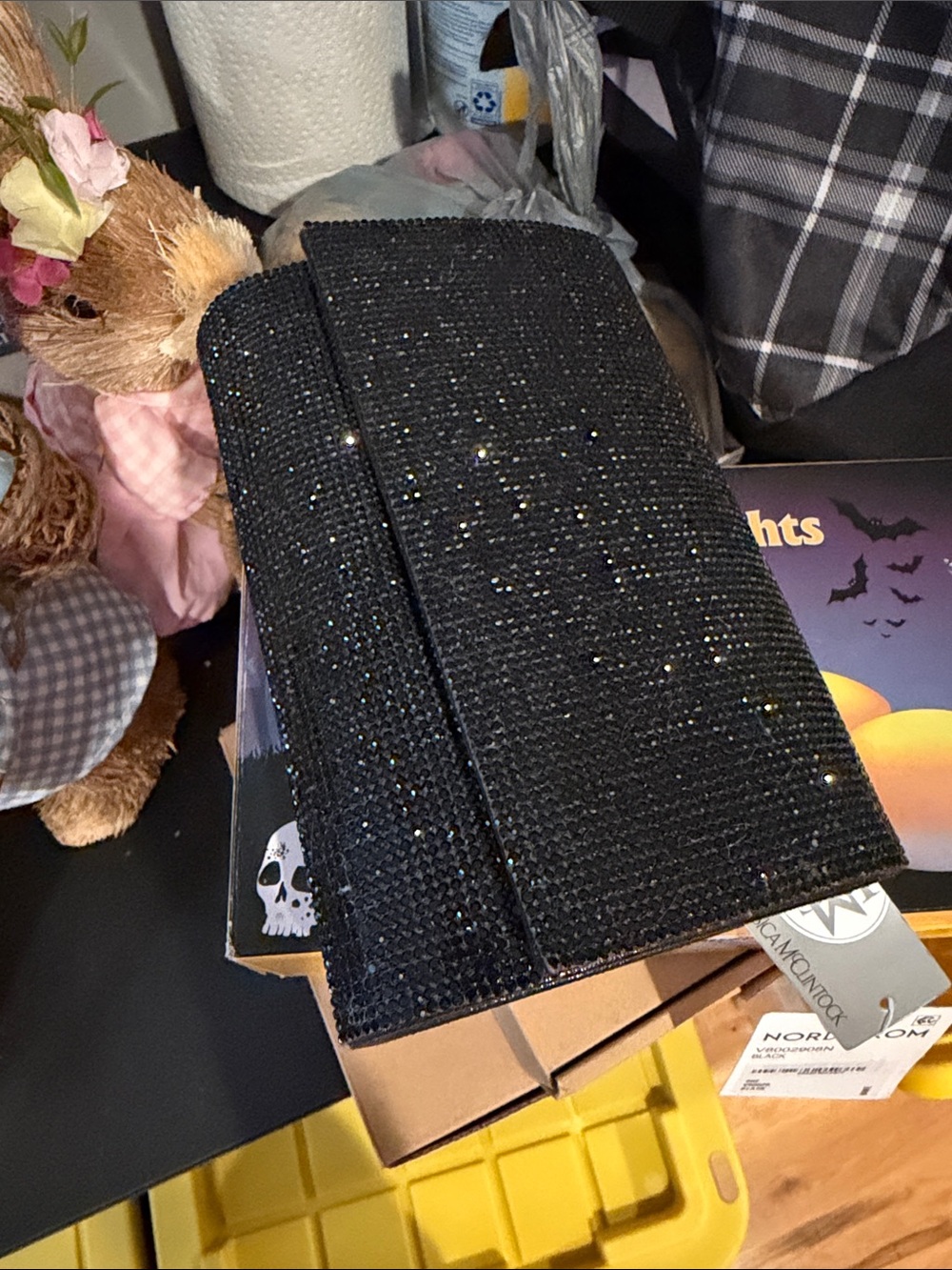 Jessica McClintock Black Sequin Envelope Clutch